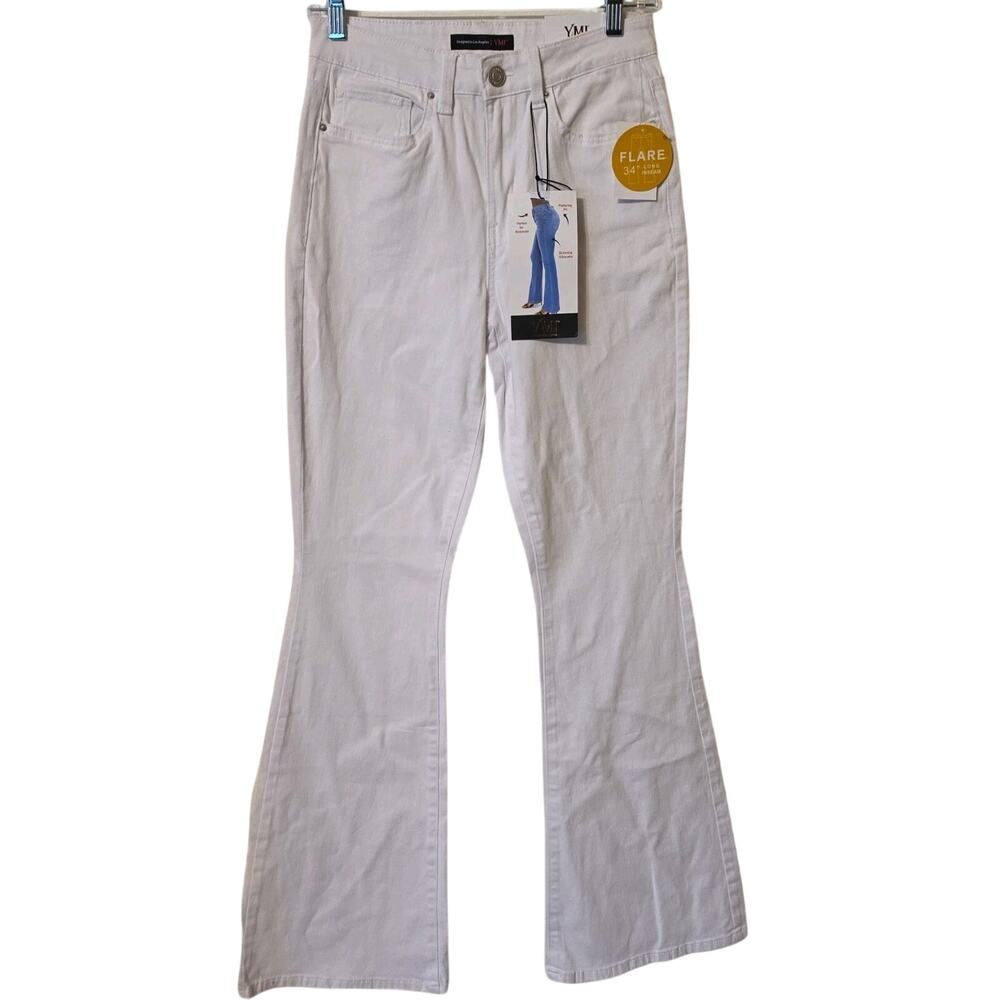 YMI Jeans Flare Mid Rise White Denim Womens Size 7 34" Long Inseam NWT
